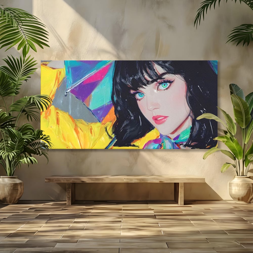 Tablou canvas cu pictura cu femeie bruneta si umbrela colorata, fara rama, pe sasiu de lemn